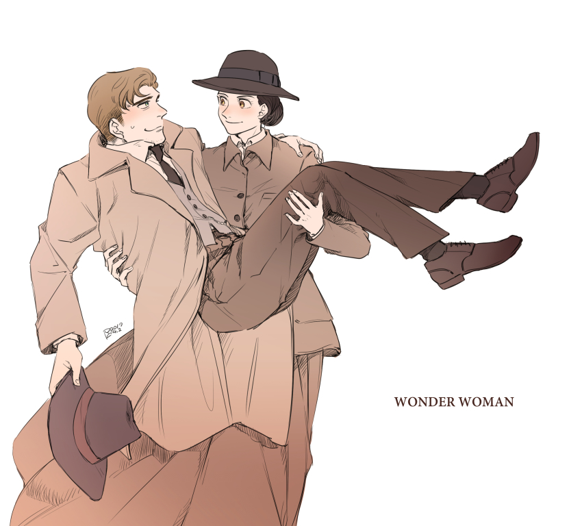 1boy, 1girl, absurdres, black_hair, brown_eyes, brown_hair, carrying, copyright_name