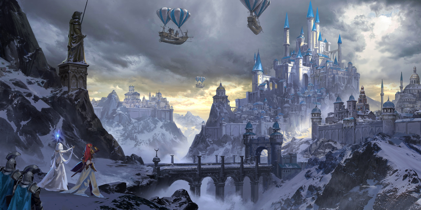 2boys, 2girls, aircraft, airship, armor, bridge, cape, castle, city, cloud, cloudy_sky, dome, dress, from_behind, gate_house, helmet, highres, hot_air_balloon, landscape, ling_xiang, magic, multiple_boys, multiple_girls, original, outdoors, pointing, red_hair, scabbard, scenery, sheath, shield, sky, snow, staff, standing, statue, temple, tower, wall, white_dress