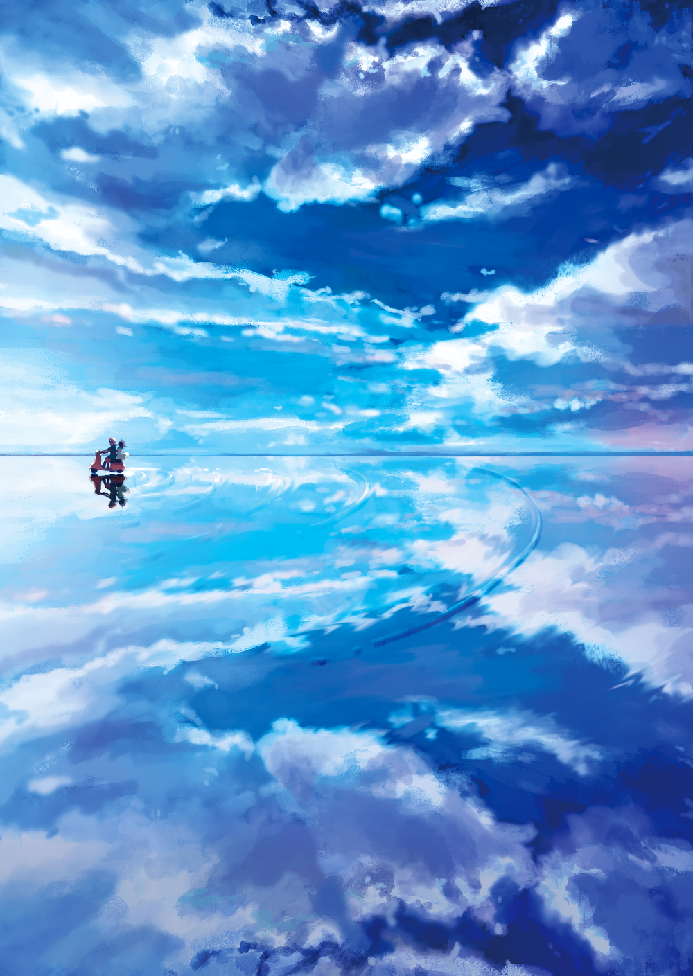 1boy, 1girl, blue_sky, cloud, cloudy_sky, commentary, day, dress, driving, from_side, hat, highres, motor_vehicle, ocean, on_water, original, outdoors, reflection, ripples, scenery, scooter, sky, takaichi_(tkch), water_surface, water_world, white_dress