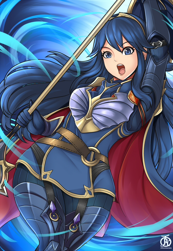 1girl, armor, blue_hair, cape, female_focus, fire_emblem, fire_emblem_awakening, fire_emblem_heroes, holding, holding_weapon, long_hair, lucina_(brave_princess)_(fire_emblem), lucina_(fire_emblem), nintendo, polearm, revolverwing, shield, solo, spear, weapon, wide_hips