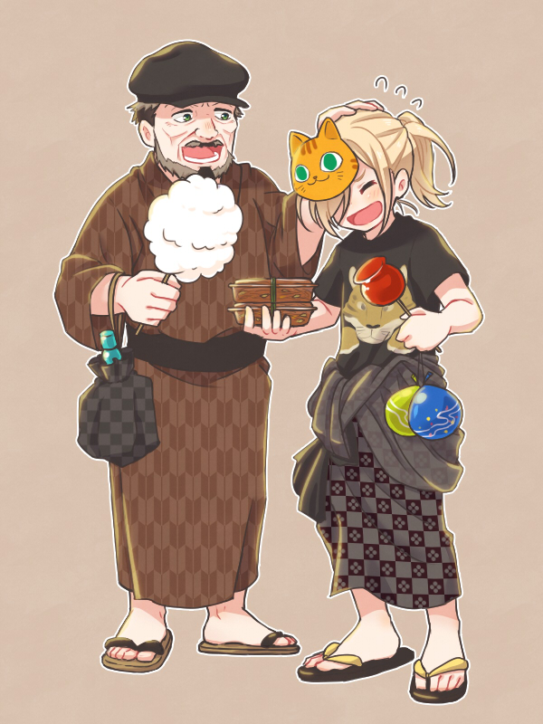 10s, 2boys, beard, blonde_hair, candy_apple, cat_mask, closed_eyes, cotton_candy