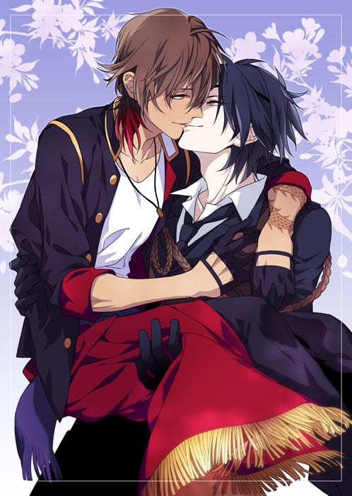 10s, 2boys, arm_tattoo, bad_id, bad_pixiv_id, black_gloves, black_hair, brown_hair, carrying, flower, gloves, imminent_kiss, male_focus, minami_(mnm_menma), multiple_boys, necktie, ookurikara, princess_carry, shokudaikiri_mitsutada, smile, tattoo, touken_ranbu, yaoi, yellow_eyes