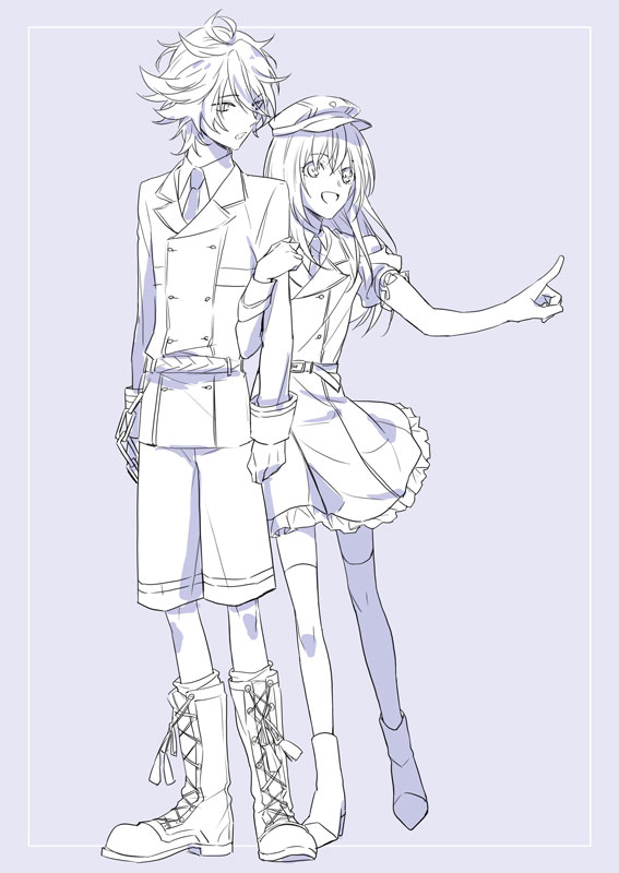 10s, 2boys, :d, arm_hug, bad_id, bad_pixiv_id, boots, dress