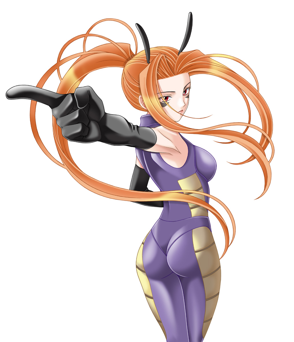 1girl, ass, bad_id, bad_pixiv_id, bodysuit, elbow_gloves, female_focus, foreshortening, ghost_sweeper_mikami, gloves, highres, long_hair, orange_hair, ponytail, red_eyes, solo, tamamon, vespa_(ghost_sweeper_mikami)