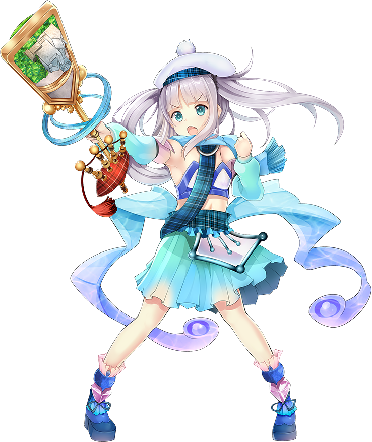 >:o, 1girl, :o, bagpipes, beret, blue_eyes, blue_scarf, blue_skirt, breasts, detached_sleeves, eilean_donan_(oshiro_project), female_focus, full_body, hat, holding, holding_staff, instrument, midriff, navel, official_art, oshiro_project:re, pleated_skirt, scarf, sidelocks, silver_hair, skirt, small_breasts, smile, solo, staff, taicho128, transparent_background, twintails, v-shaped_eyebrows