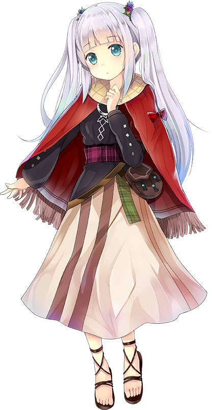 1girl, blue_eyes, brown_skirt, capelet, eilean_donan_(oshiro_project), female_focus, full_body, long_skirt, looking_at_viewer, official_art, oshiro_project:re, red_capelet, silver_hair, skirt, solo, taicho128, transparent_background, twintails