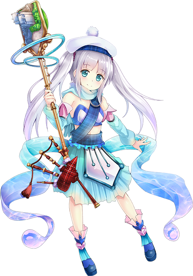 1girl, bagpipes, beret, blue_eyes, blue_scarf, blue_skirt, breasts, detached_sleeves