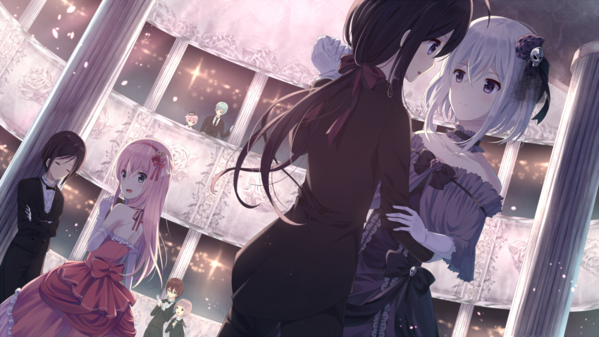 10s, 6+boys, akita_toushirou, aqua_hair, black_hair, blonde_hair, blue_eyes, bow