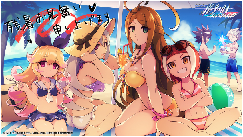 2boys, 4girls, antenna_hair, azure_striker_gunvolt, azure_striker_gunvolt_2, beach, beach_towel, bikini, black_male_swimwear, black_swim_trunks, blonde_hair, blue_male_swimwear, blue_swim_trunks, brown_eyes, brown_hair, chingisu, closed_eyes, crossed_arms, cup, day, drinking_glass, drinking_straw, elise_(gunvolt), eyewear_on_head, food, frilled_bikini, frills, gibril_(gunvolt), green_eyes, hat, highres, indian_style, inti_creates, looking_at_viewer, male_swimwear, multicolored_hair, multiple_boys, multiple_girls, nike_(gunvolt), ocean, official_art, official_wallpaper, palm_tree, pantera_(gunvolt), pink_eyes, purple_eyes, sailor_bikini, sailor_collar, shaved_ice, shiden_(gunvolt), side-tie_bikini_bottom, sitting, spiked_hair, streaked_hair, striped_bikini, striped_clothes, summer, sun_hat, sunglasses, sweatdrop, swim_trunks, swimsuit, tenjian_(gunvolt), towel, tree, umbrella, watermark, white_hair, yokozuwari