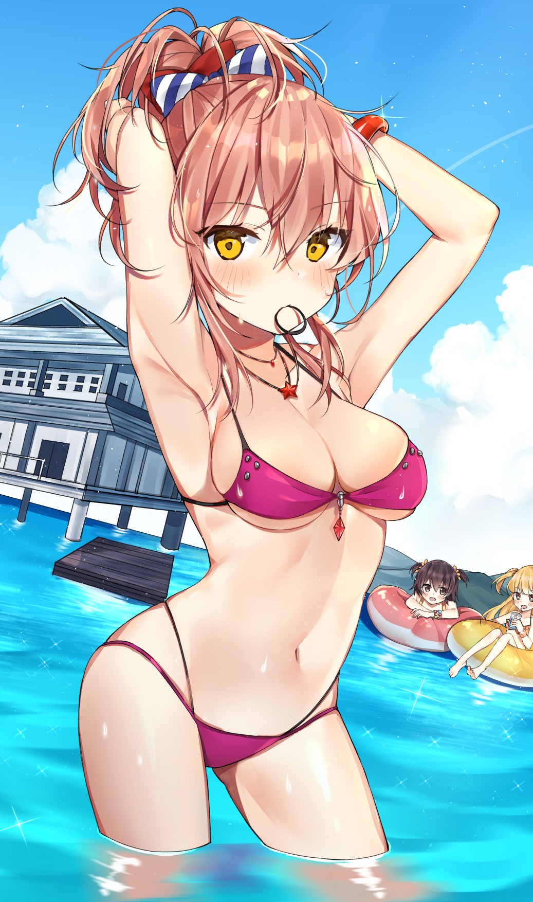 3girls, akagi_miria, arms_up, bad_id, bad_pixiv_id, bikini, blue_sky, blush, bow, bracelet, breasts, cleavage, cloud, cloudy_sky, contrapposto, cowboy_shot, day, dutch_angle, glint, gluteal_fold, hair_between_eyes, hair_bow, highres, idolmaster, idolmaster_cinderella_girls, innertube, jewelry, jougasaki_mika, jougasaki_rika, kurut, looking_at_viewer, medium_breasts, mouth_hold, multi-strapped_bikini, multiple_girls, navel, necklace, outdoors, pink_hair, ponytail, purple_bikini, reclining, sky, small_breasts, standing, star_(symbol), star_necklace, swim_ring, swimsuit, wading, yellow_eyes