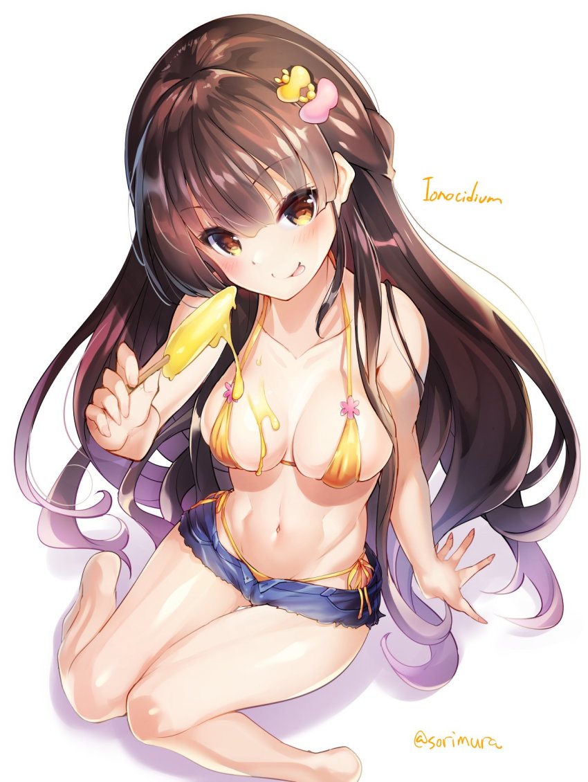1girl, bare_arms, bare_legs, bare_shoulders, barefoot, bikini, blush, breasts, brown_eyes, brown_hair, character_name, cleavage, collarbone, cutoffs, female_focus, flower_knight_girl, food, hair_ornament, hairpin, halterneck, highres, holding, holding_food, ionocidium_(flower_knight_girl), long_hair, looking_at_viewer, medium_breasts, messy, navel, popsicle, short_shorts, shorts, side-tie_bikini_bottom, simple_background, sitting, smile, solo, sorimura_youji, string_bikini, swimsuit, tongue, tongue_out, twitter_username, very_long_hair, white_background, yellow_bikini