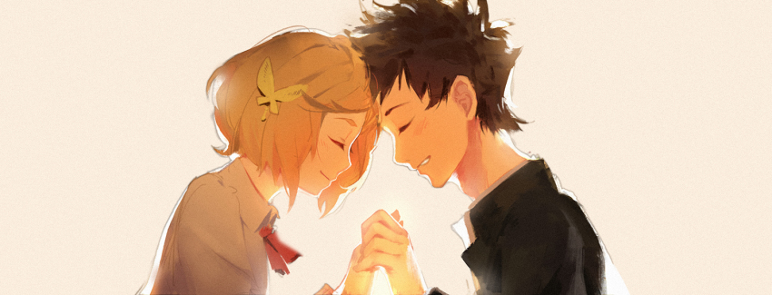 1boy, 1girl, akagi_mako, ballroom_e_youkoso, black_hair, brown_hair, butterfly_hair_ornament, closed_eyes