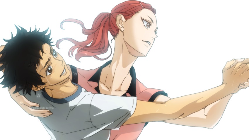 arm_around_shoulder, artist_name, ballroom_e_youkoso, black_hair, brown_eyes, cioccolatodorima, dancing, fujita_tatara