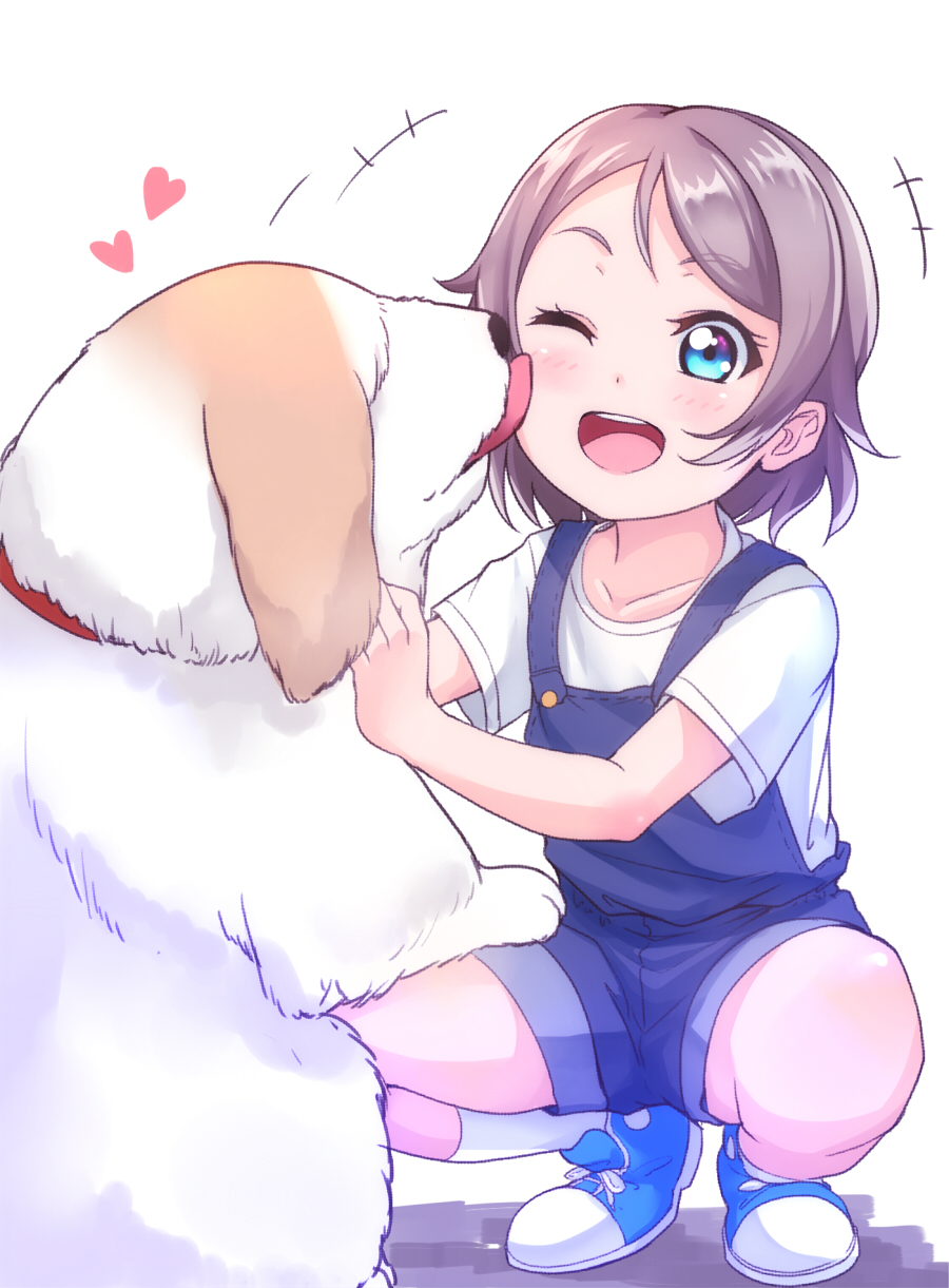 1girl, aged_down, alternate_costume, blue_eyes, brown_hair, commentary_request, dog, heart