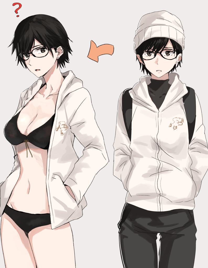 1girl, ?, backpack, bag, beanie, bikini, bikini_under_clothes, black_eyes, black_hair, breasts, cleavage, collarbone, cowboy_shot, earrings, glasses, hands_in_pockets, hat, hood, hood_down, hooded_jacket, hoodie, jacket, jewelry, looking_at_viewer, medium_breasts, multiple_views, ogros, open_mouth, original, short_hair, swimsuit, swimsuit_under_clothes