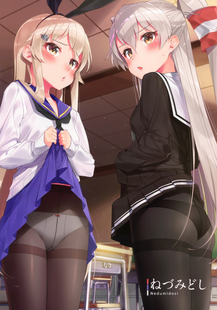10s, 2girls, absurdres, amatsukaze_(kancolle), ass, black_legwear, black_neckerchief, black_panties, black_skirt, blue_skirt, blush, bow, bow_panties, breasts, brown_eyes, brown_legwear, cardigan, classroom, clothes_lift, contemporary, cowboy_shot, desk, from_side, grey_hair, gusset, hair_ornament, hair_ribbon, hairband, highres, indoors, kantai_collection, lifting_own_clothes, light_brown_hair, lips, long_hair, long_sleeves, looking_at_viewer, looking_back, multiple_girls, neckerchief, nezumidoshi, open_mouth, panties, panties_under_pantyhose, pantyhose, parted_lips, pleated_skirt, ribbon, scan, school, school_desk, school_uniform, serafuku, shimakaze_(kancolle), sidelocks, skirt, skirt_lift, sleeves_past_wrists, small_breasts, sweatdrop, thighband_pantyhose, two_side_up, underwear, very_long_hair, white_panties