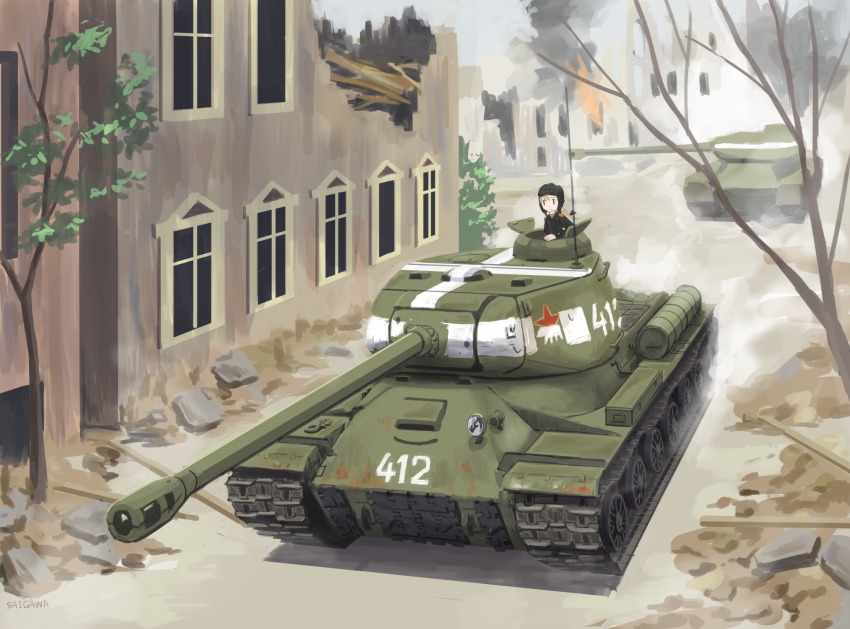 1girl, blonde_hair, building, day, fire, helmet, highres, is-2, military, military_vehicle, motor_vehicle, original, outdoors, ruins, saigawa, smoke, tank, tank_helmet, tree