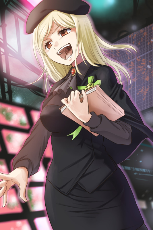 1girl, ascot, beret, black_skirt, blonde_hair, book, breasts, brown_eyes