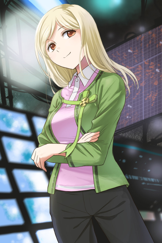 1girl, black_pants, blonde_hair, breasts, brown_eyes, crossed_arms, female_focus, higurashi_no_naku_koro_ni, konoe_(fogtracks), long_hair, looking_up, medium_breasts, pants, parted_bangs, pink_shirt, ribbon, shirt, smile, solo, takano_miyo