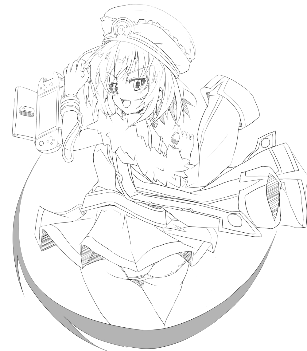 1girl, blanc_(neptunia), female_focus, from_behind, fujishima_tsubasa, hat, looking_back, monochrome