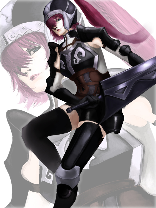 1girl, 40_40, armor, bad_id, bad_pixiv_id, celes, female_focus, helmet, long_hair, purple_hair, solo, sword, thighhighs, valkyrie_profile_(series), valkyrie_profile_2:_silmeria, weapon