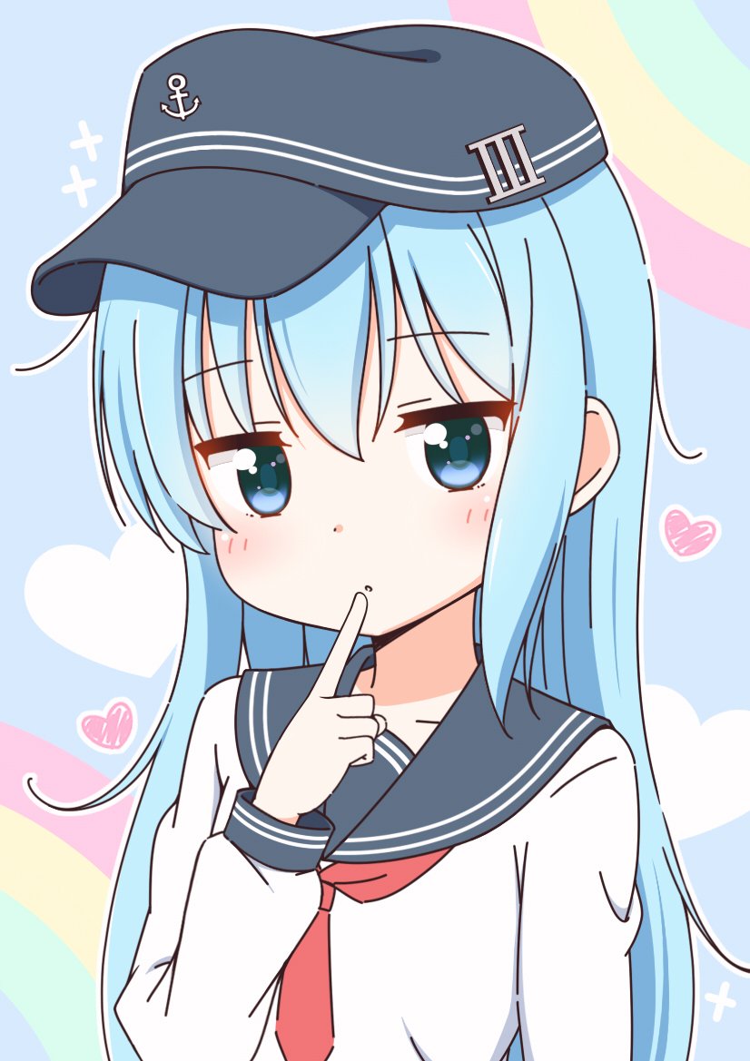 10s, 1girl, bad_id, bad_pixiv_id, black_hat, blue_eyes, blue_hair, blush