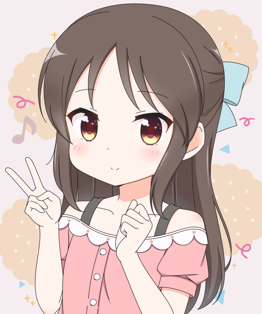 1girl, bad_id, bad_pixiv_id, blue_bow, blush, bow, bra_strap, brown_eyes