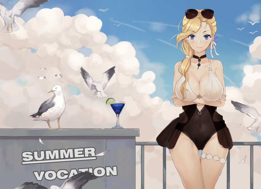 1girl, azur_lane, bird, blonde_hair, blue_eyes, blush, breasts, cleavage