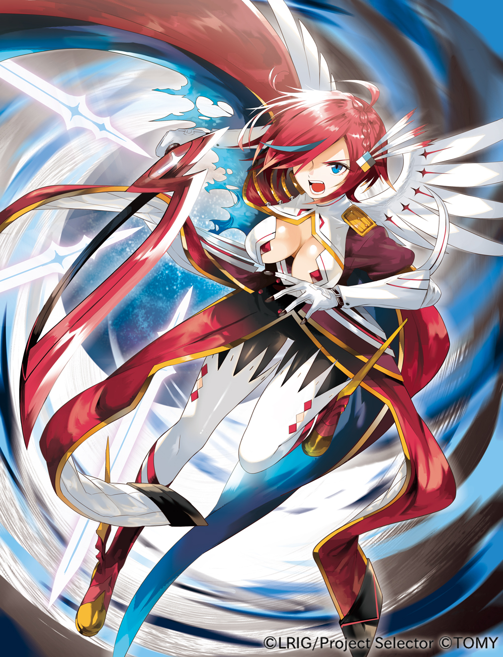 10s, 1girl, black_pantyhose, blue_eyes, blue_hair, breasts, cleavage, female_focus