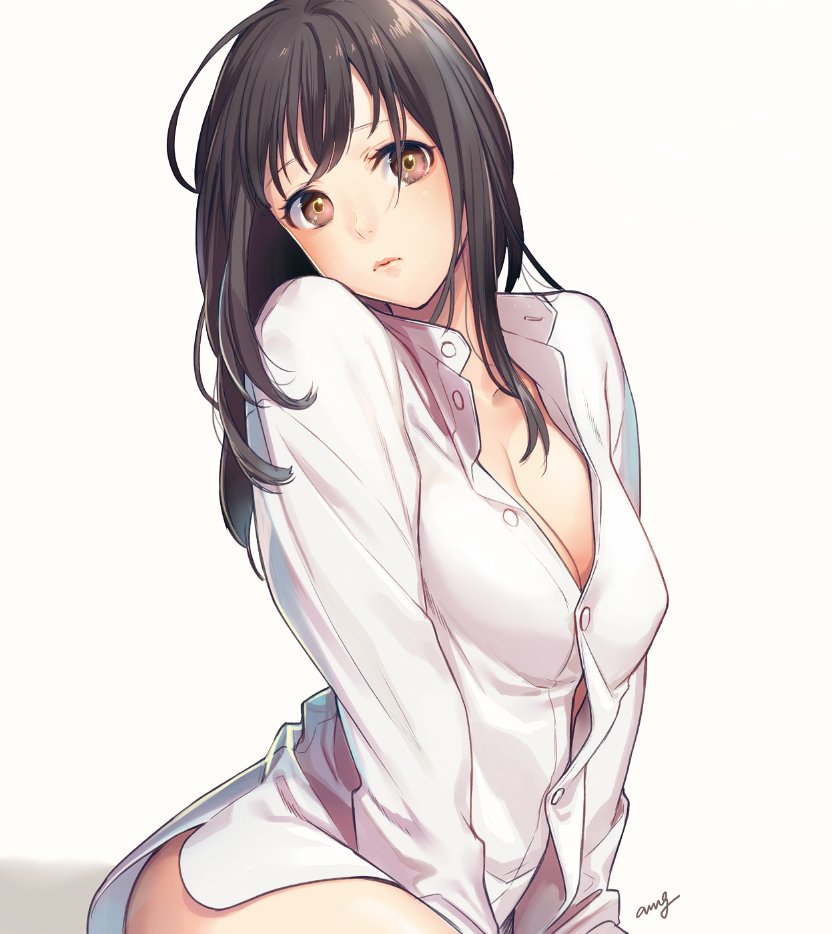 1girl, amg_(nwmnmllf), artist_name, between_legs, breasts, brown_eyes, brown_hair, cleavage
