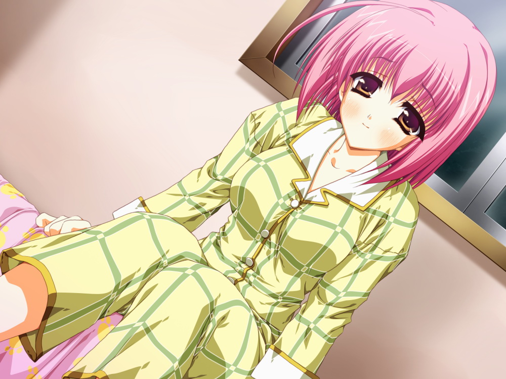 1girl, amagi_hinano, amakawa_akito, bed, blush, brown_eyes, dutch_angle, female_focus