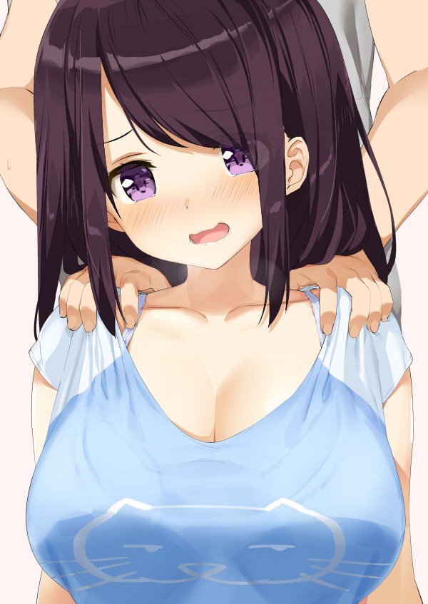 1girl, blush, bra, bra_visible_through_clothes, bralines, breasts, breath, cleavage, collarbone, eyes_visible_through_hair, grey_background, huge_breasts, kaisen_chuui, medium_hair, original, purple_eyes, purple_hair, see-through_clothes, shoulder_massage, sidelocks, simple_background, smile, solo_focus, swept_bangs, underwear, upper_body, wavy_mouth