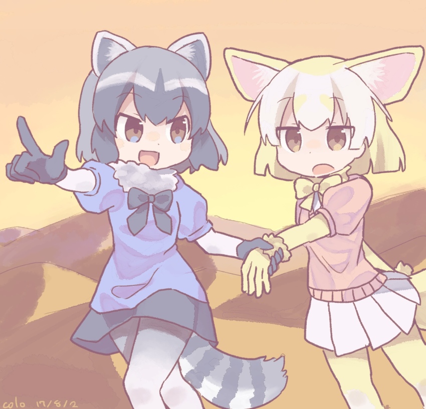 10s, 2girls, :d, :o, animal_ears, artist_name, black_bow, black_bowtie, black_gloves, black_hair, blonde_hair, blue_shirt, bow, bowtie, brown_eyes, colo_(frypan_soul), common_raccoon_(kemono_friends), dated, evening, fennec_(kemono_friends), fox_ears, fox_tail, fur_collar, gloves, grey_hair, hand_grab, highres, kemono_friends, looking_at_another, miniskirt, mountain, multiple_girls, muted_color, open_mouth, outdoors, pantyhose, pink_sweater, pleated_skirt, pointing, raccoon_ears, raccoon_tail, shirt, short-sleeved_sweater, short_hair, short_sleeves, skirt, sky, smile, sweater, tail, white_legwear, white_skirt, yellow_bow, yellow_bowtie, yellow_gloves, yellow_legwear
