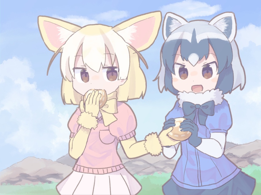 10s, 2girls, :d, animal_ears, black_bow, black_bowtie, black_gloves, black_hair, black_skirt, blonde_hair, blue_shirt, bow, bowtie, breast_pocket, brown_eyes, cloud, colo_(frypan_soul), common_raccoon_(kemono_friends), day, eating, extra_ears, fennec_(kemono_friends), food, food_in_mouth, fox_ears, fur_collar, giving, gloves, grey_hair, highres, holding, holding_food, japari_bun, kemono_friends, looking_at_another, miniskirt, mountain, multicolored_hair, multiple_girls, muted_color, open_mouth, outdoors, pink_sweater, pleated_skirt, pocket, raccoon_ears, shirt, short-sleeved_sweater, short_hair, short_sleeves, skirt, sky, smile, sweater, white_skirt, yellow_bow, yellow_bowtie, yellow_gloves