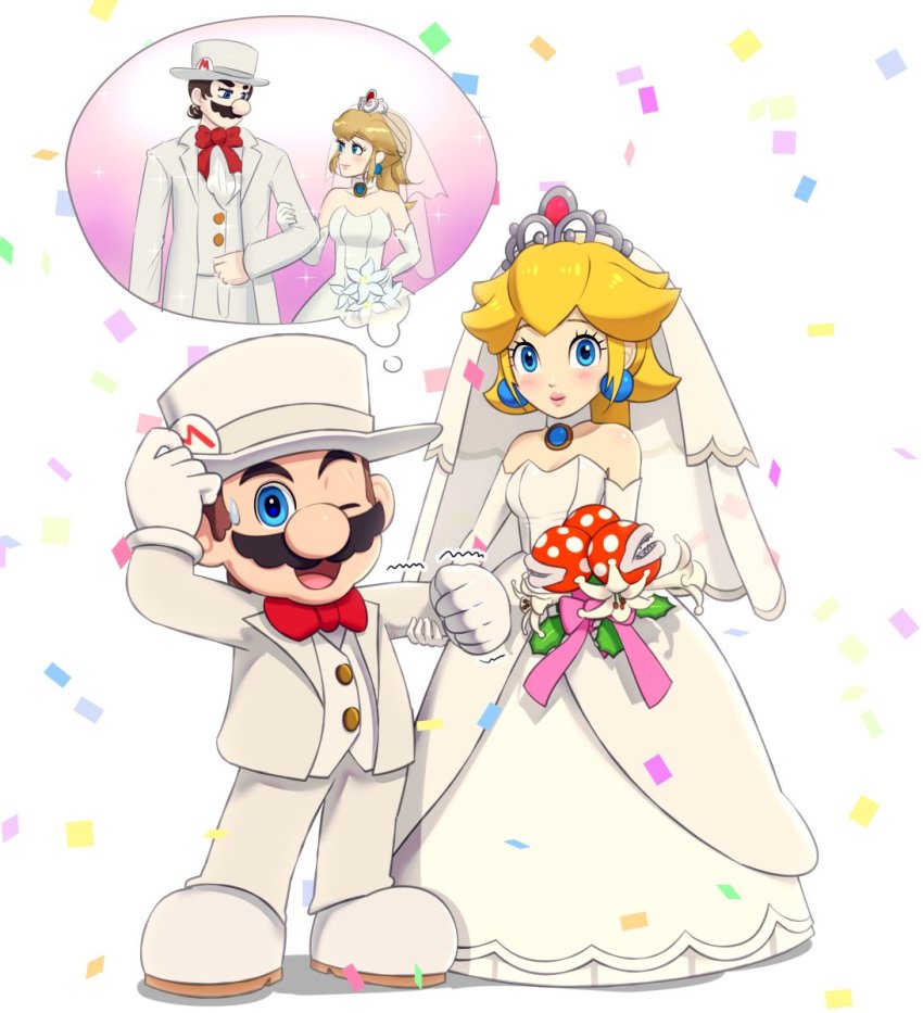 1boy, 1girl, blonde_hair, blue_eyes, bridal_veil, dress, facial_hair, full_body