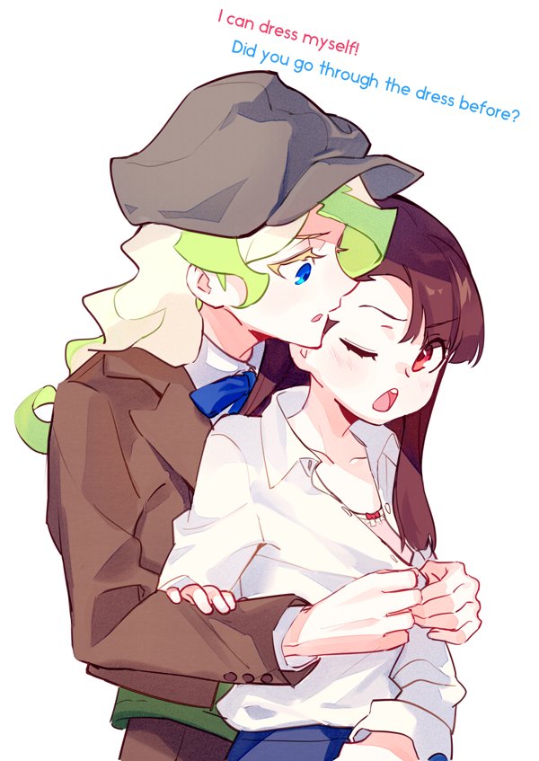 2girls, blonde_hair, blush, brown_hair, couple, diana_cavendish, dressing, english_text