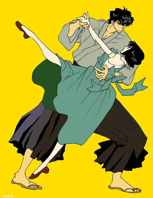 1boy, 1girl, black_hair, bow, dancing, fuurinkan_high_school_uniform, hakama, hakama_skirt, holding_hands, hetero, japanese_clothes, kunou_tatewaki, manako_(nosey), ranma_1/2, school_uniform, short_hair, skirt, tendou_nabiki, yellow_background