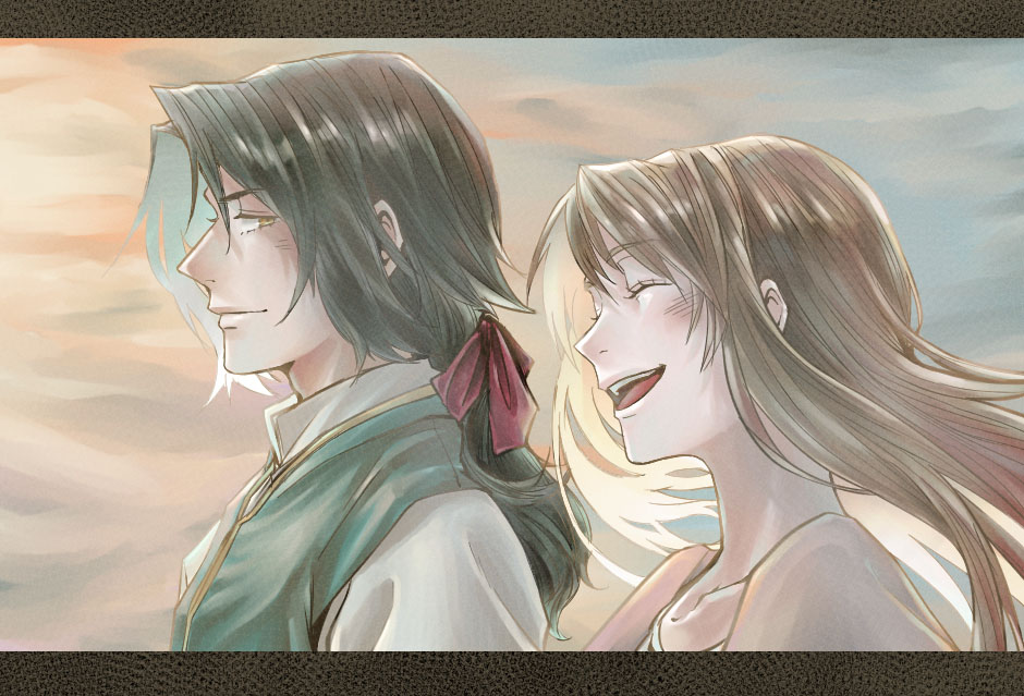 1boy, 1girl, baccano!, black_hair, blonde_hair, brown_hair, dress, closed_eyes