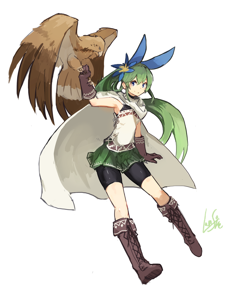 1girl, animal, animal_on_hand, bird, black_shorts, blue_bow, blue_eyes, boots