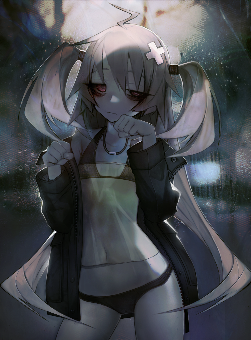 1girl, bags_under_eyes, black_panties, cameltoe, female_focus, flat_chest, highres, jacket