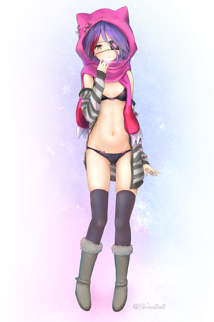 1girl, animal_hood, artist_name, black_bra, black_panties, black_thighhighs, boots, bra