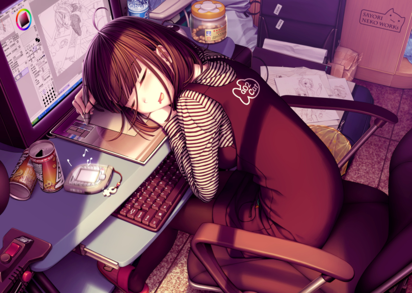 1girl, absurdres, ahoge, artist_name, bad_id, bad_pixiv_id, blunt_bangs, blush, bottle, brown_hair, can, cellphone, chair, chinese_text, closed_eyes, coffee, computer, computer_keyboard, desk, drawing_(action), drawing_tablet, drink, drooling, female_focus, full_body, highres, keyboard, leaning_forward, microsoft_windows, mouth_drool, musical_note, nescafe, nokia_(company), office_chair, on_chair, original, painttool_sai, pantyhose, pen, phone, product_placement, recursion, reflection, saliva, sayori_(neko_works), sayori_(sayori_(neko_works)), shirt, sitting, sleeping, slippers, smile, solo, striped_clothes, striped_shirt, stylus, swivel_chair, third-party_edit, trash, venus_symbol, wacom, water_bottle, windows_xp