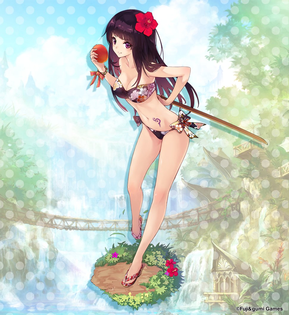 bare_legs, bare_shoulders, bikini, black_hair, bokken, bow, bracelet, breasts