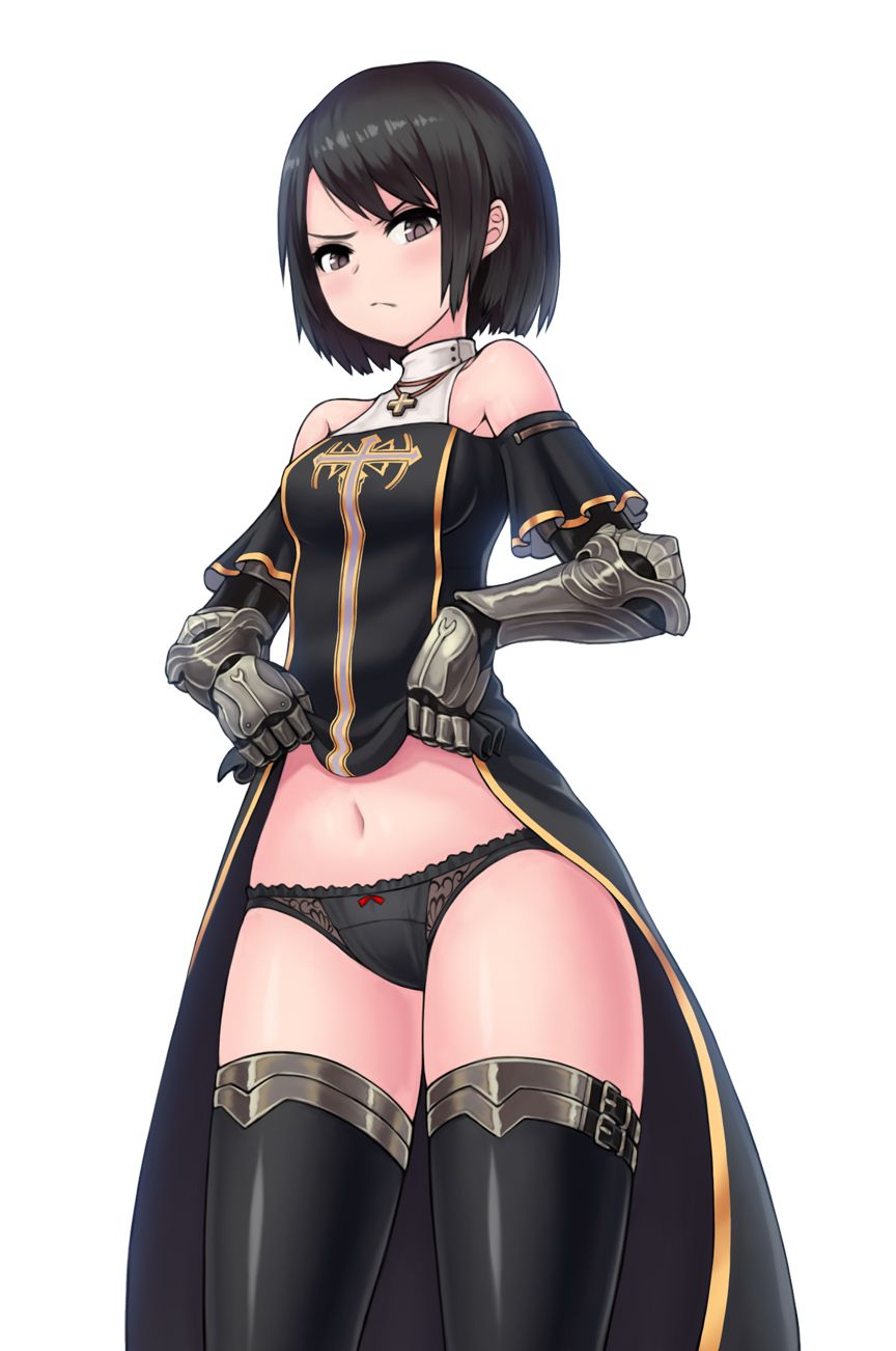 >:(, 1girl, bare_shoulders, black_bow, black_hair, black_panties, black_thighhighs, blush