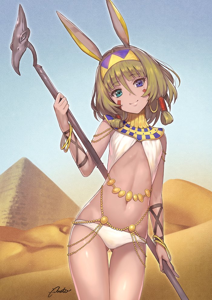 1girl, alternate_breast_size_(smaller), ancient_egyptian_clothes, animal_ears, belly_chain, bikini, blue_eyes, blue_sky
