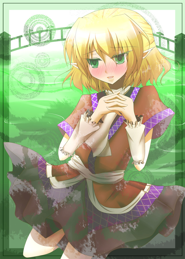 1girl, arm_warmers, bad_id, bad_pixiv_id, blonde_hair, blush, bridge, doranko, female_focus, green_eyes, kanchikinps, mizuhashi_parsee, pointy_ears, scarf, solo, touhou