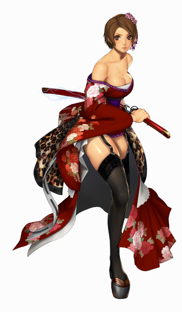 1girl, battoujutsu_stance, black_thighhighs, brown_hair, character_request, earth_devastating_b-grade_girlfriend_z_space_war, female_focus, fighting_stance, full_body, garter_straps, hair_ornament, japanese_clothes, kanzashi, kashira, katana, kimono, kojiri, looking_at_viewer, obi, off_shoulder, parted_bangs, platform_footwear, ready_to_draw, ryushin, sash, saya_(scabbard), short_hair, solo, standing, sword, thighhighs, tsuba_(guard), tsuka_(handle), weapon, white_background