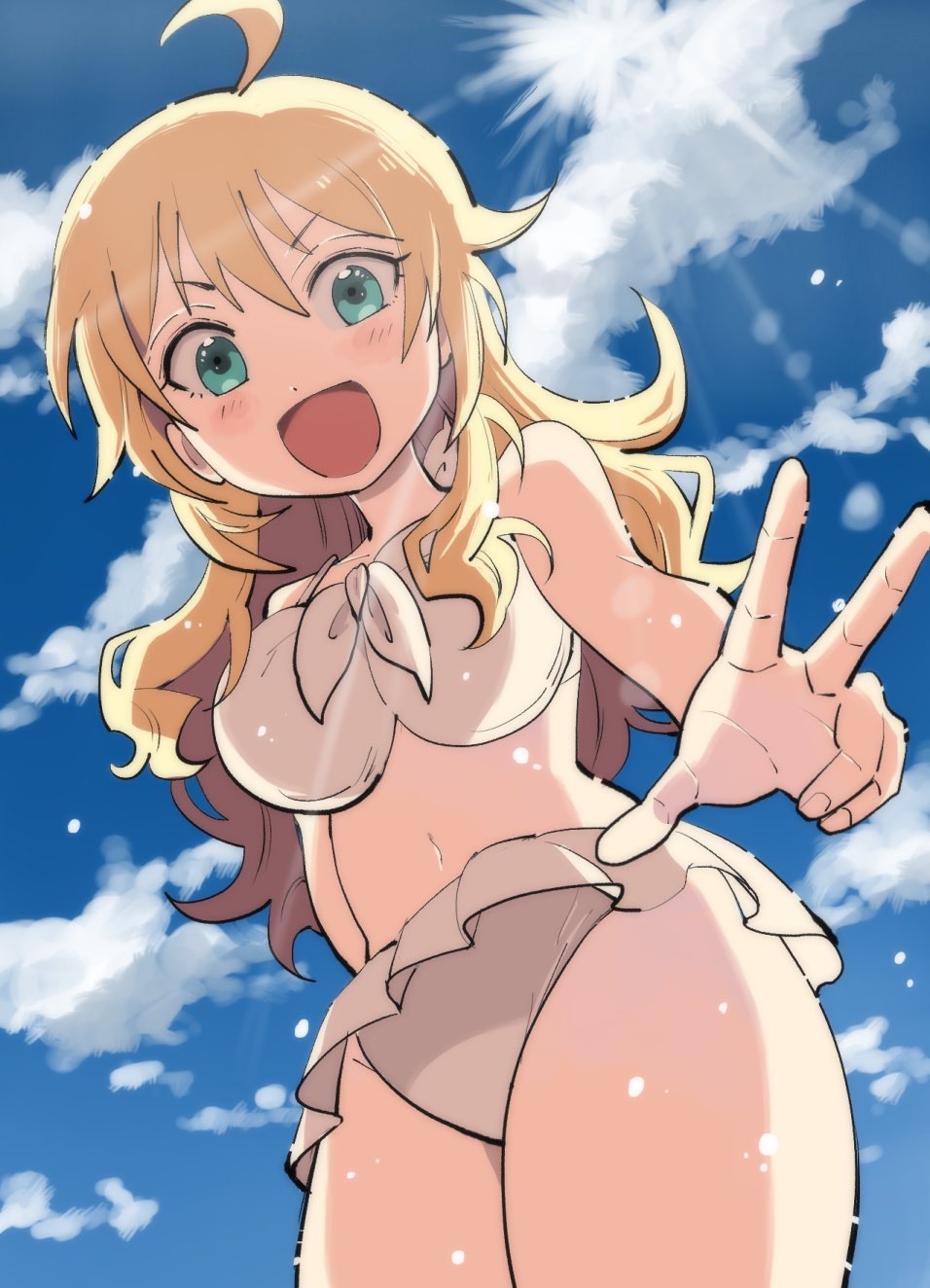 1girl, ahoge, ai_nige, bikini, blonde_hair, blush, breasts, cloud