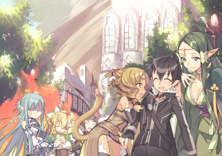 2boys, 4girls, alicia_rue, animal_ears, arm_grab, asuna_(sao), asuna_(sao-alo), black_gloves
