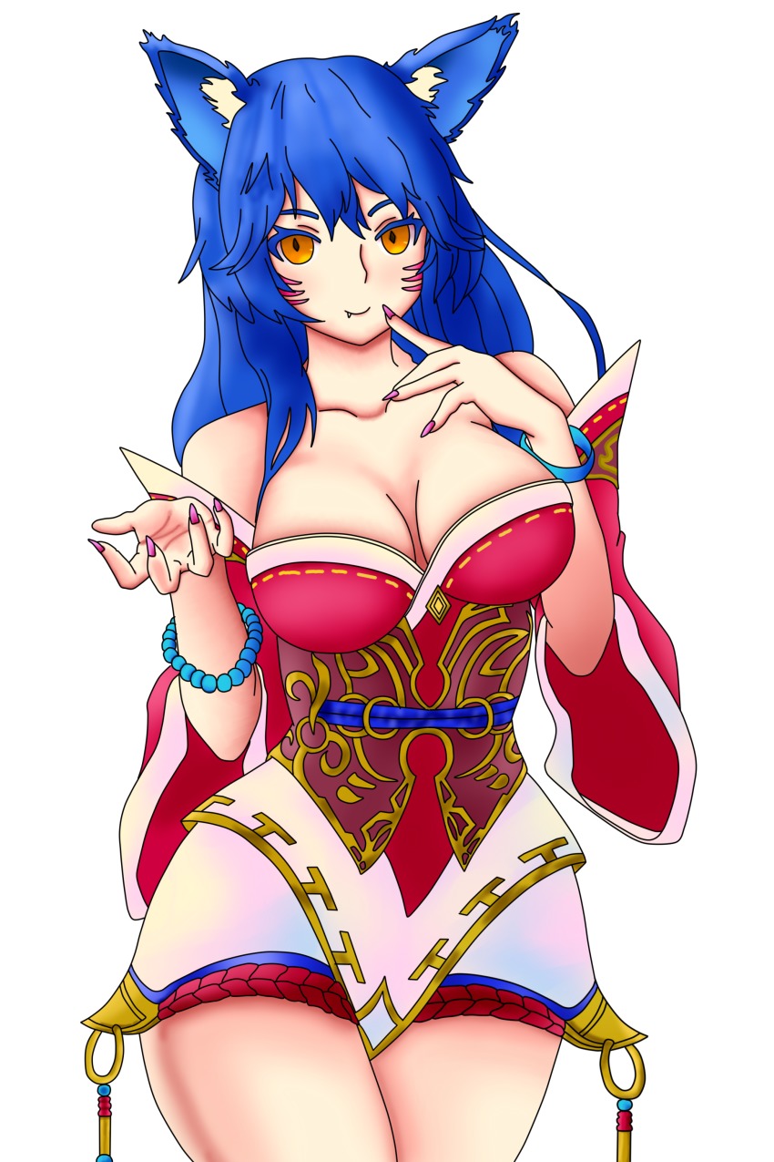 1girl, absurdres, ahri_(fox), ahri_(league_of_legends), animal_ears, bare_shoulders, blue_hair, breasts